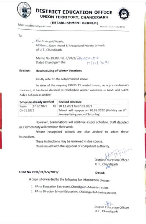 Covid19: Chandigarh reschedules winter vacation in govt schools