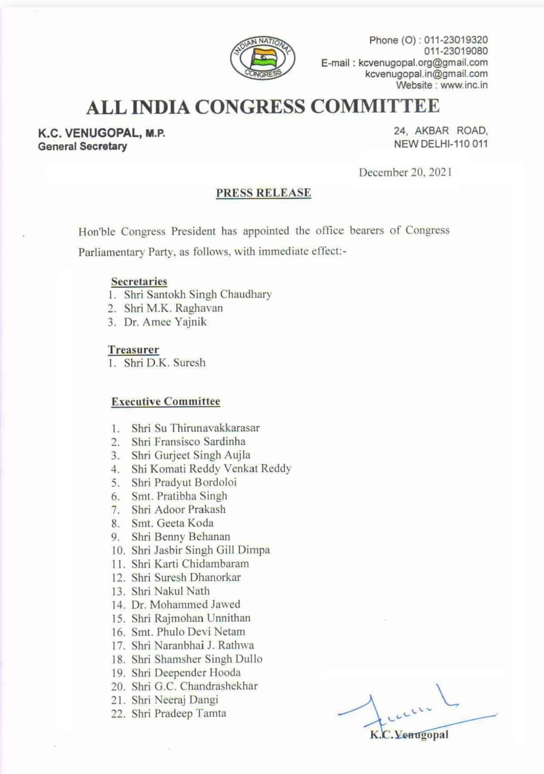 Sonia Gandhi Appoints Office Bearers Of Congress Parliamentary Party