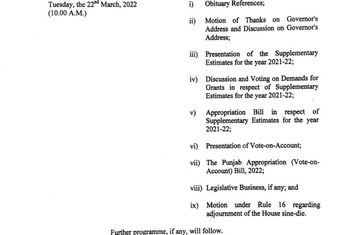 1st Session of 16th #Punjab Vidhan Sabha on March 21, 2022 at 11am.
