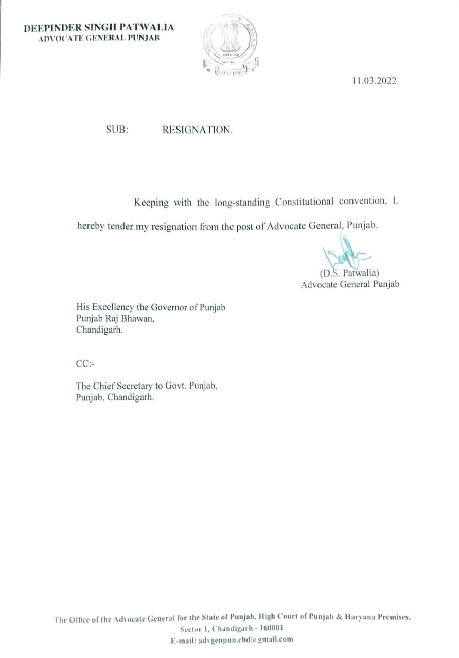 Punjab Advocate General Deepinder Singh Patwalia resigns