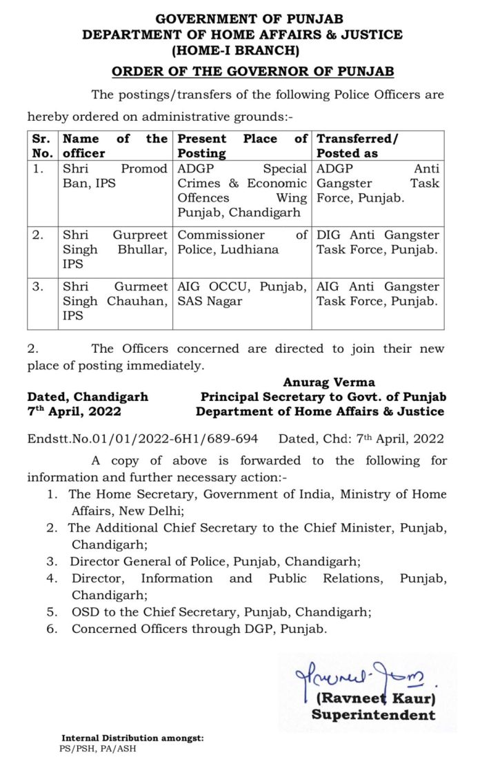 Punjab government transferred 3 IPS officers
