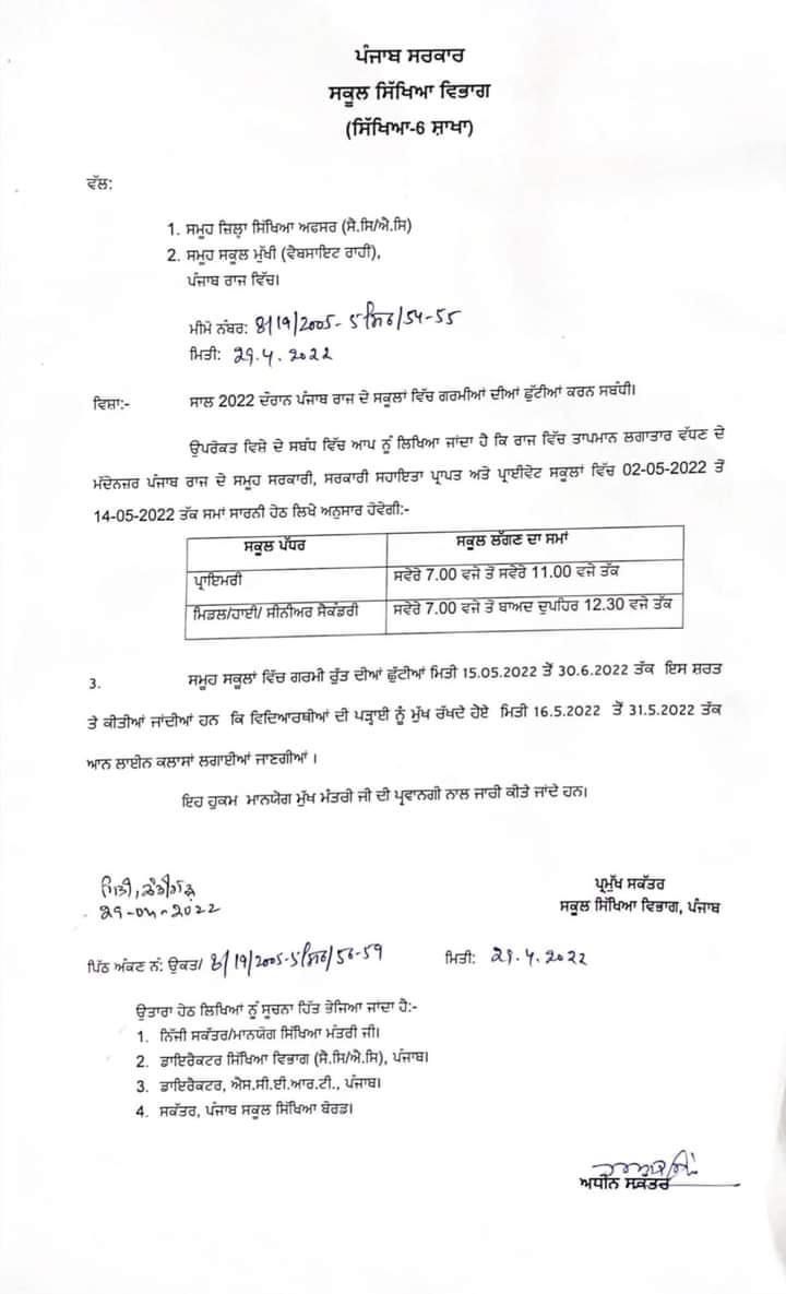 Holidays Declared In Punjab Schools From 15 May To 30 June Classes