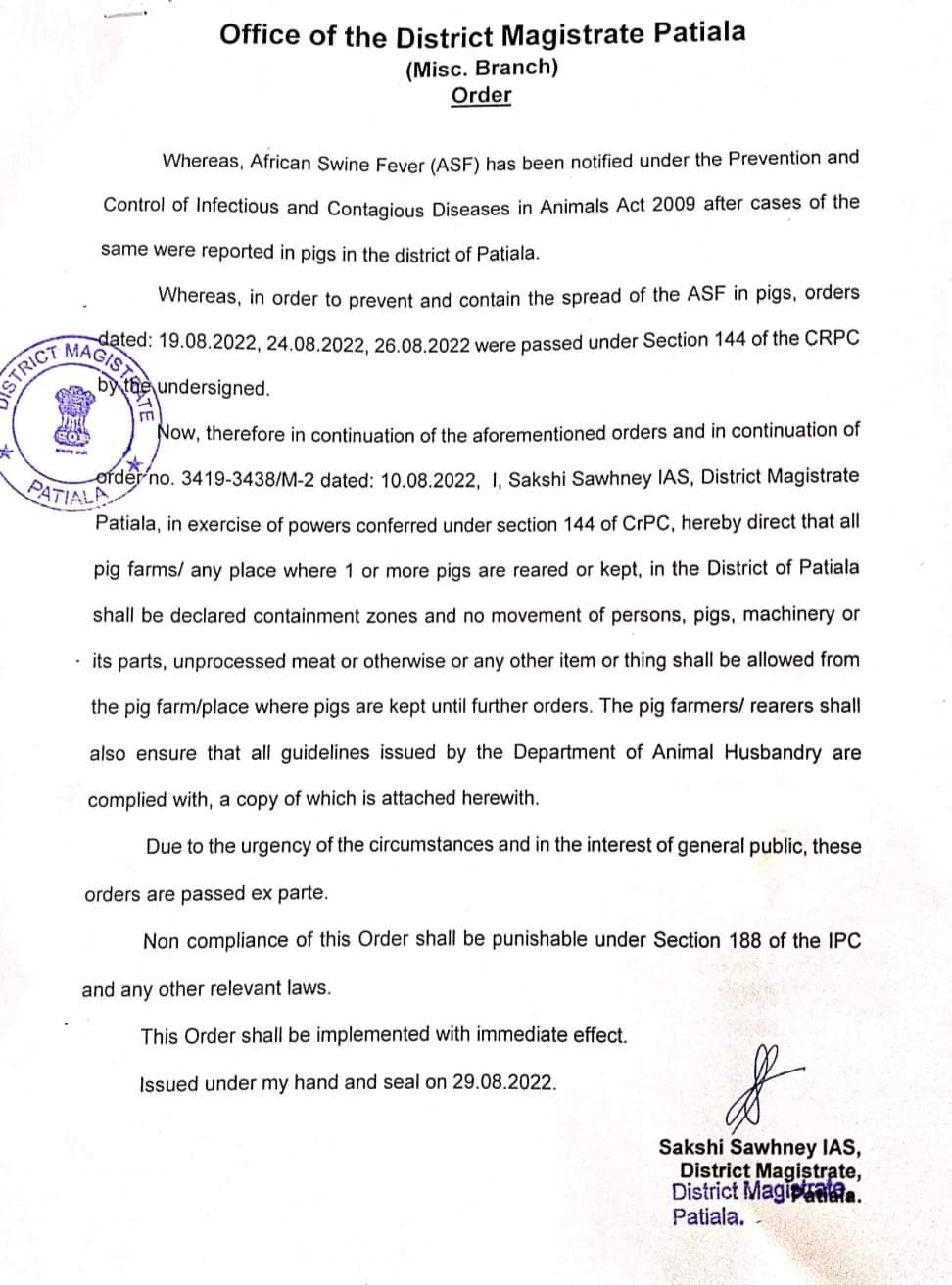New orders by Patiala DC regarding African Swine Fever