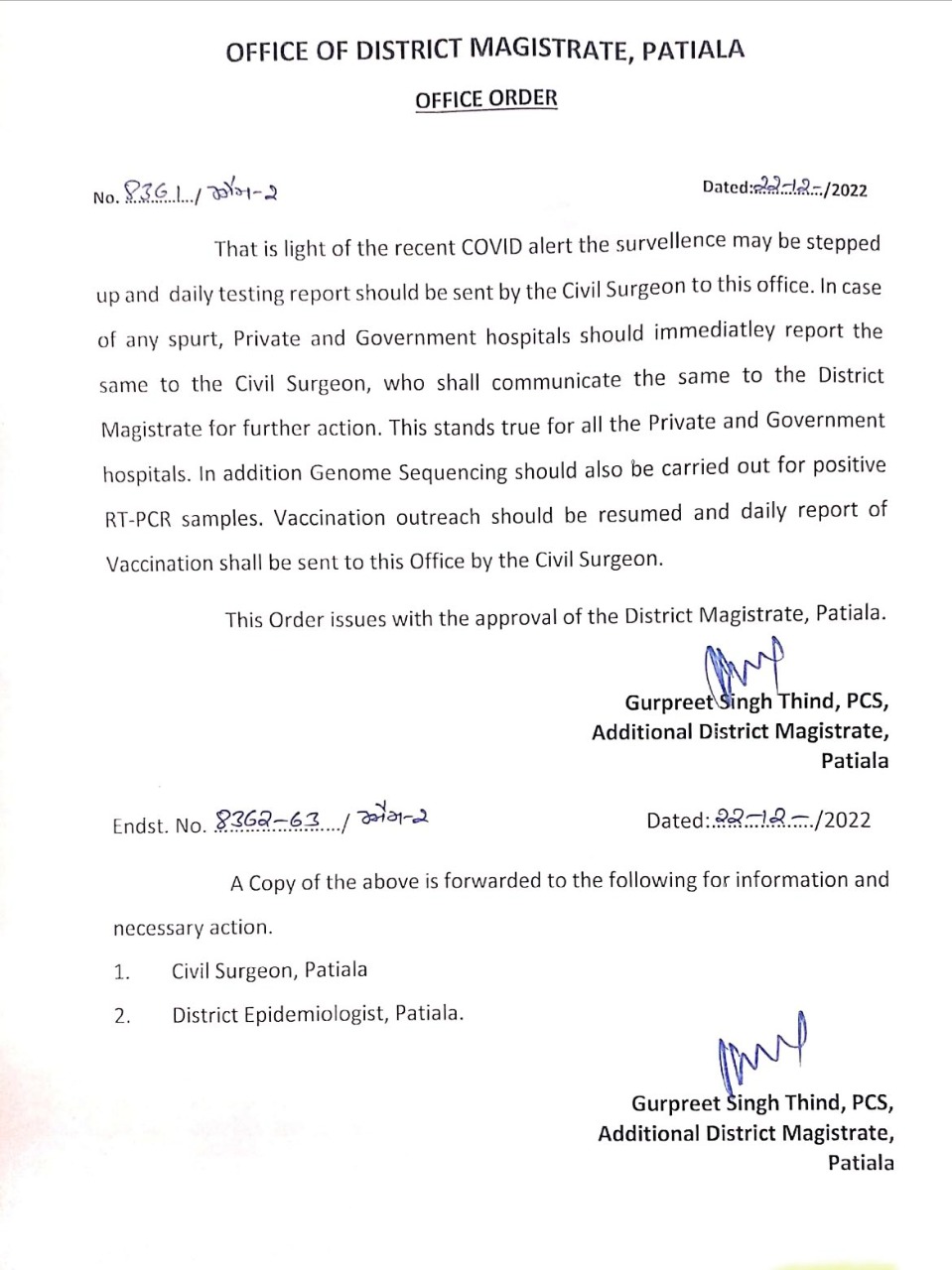 Covid is back:Major decision taken by Patiala Administration 22 December 2022