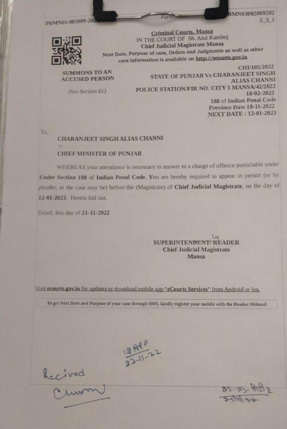 Summon to Charanjit Channi by Mansa Police