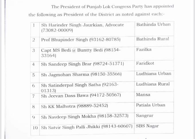 KK Malhotra appointed Patiala President of Punjab Lok Congress