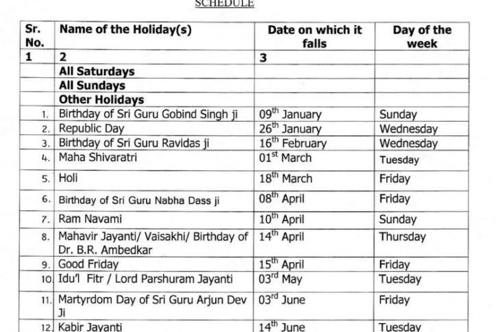 Punjab Government Holidays 2022 List