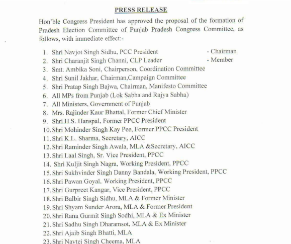 Congress appoints Pradesh Election Committee of Punjab