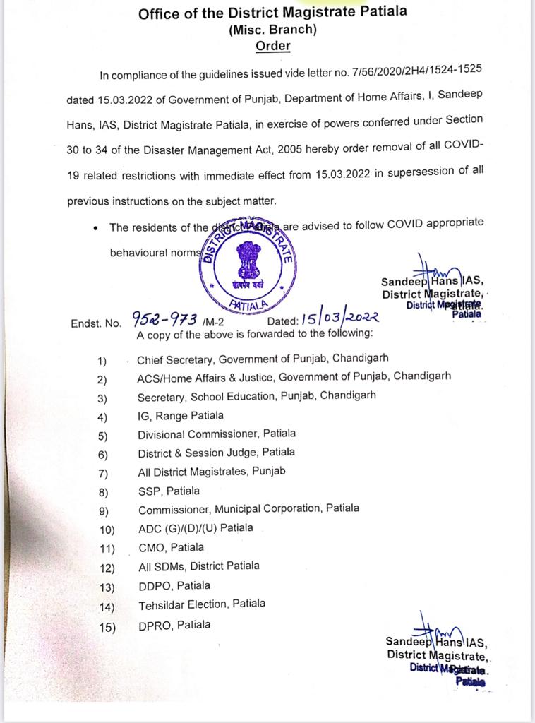 New orders by Patiala DC 16 March